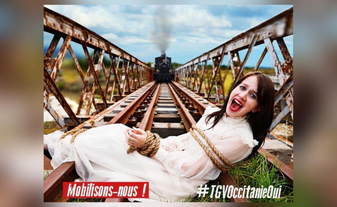 Poster of screaming woman tied to train tracks legal French court