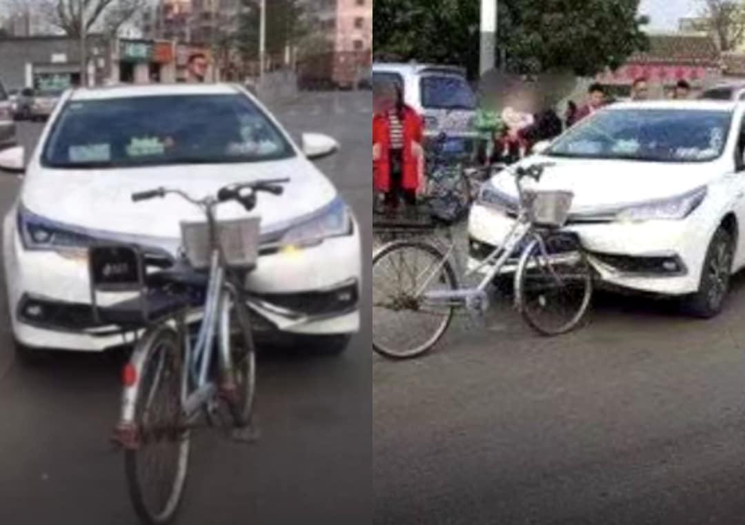 Car damaged by bicycle after collision in China, police shares video