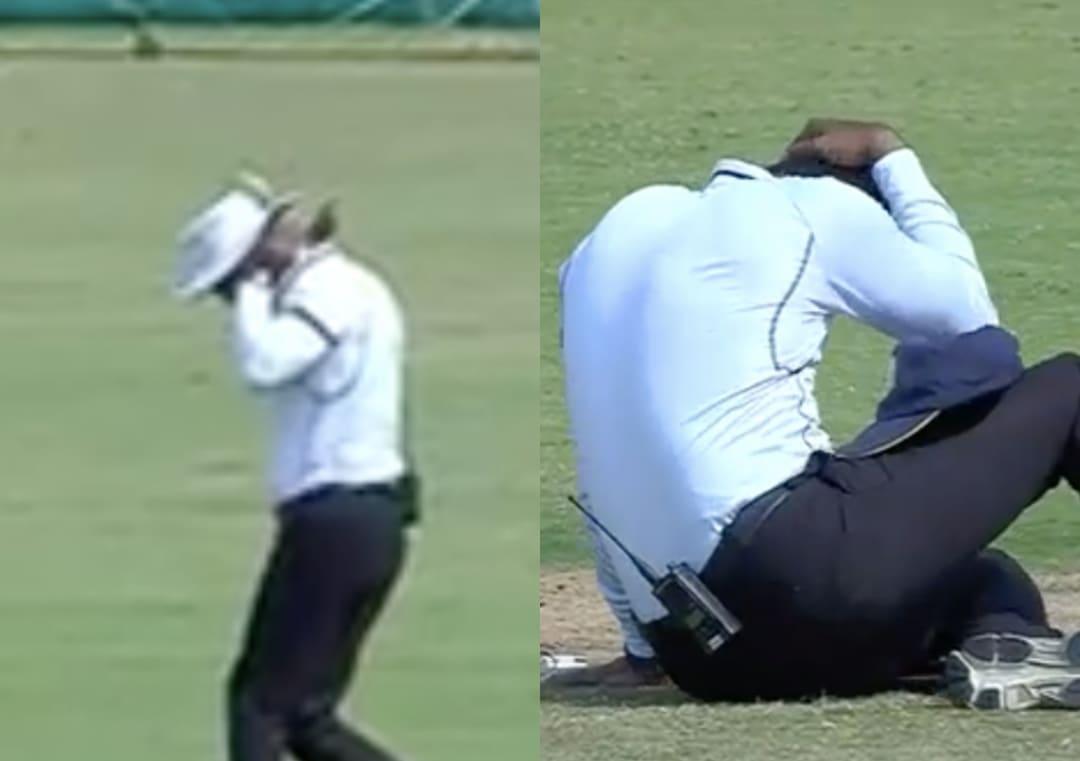 Onfield umpire gets hit on head by player's throw during Irani Cup