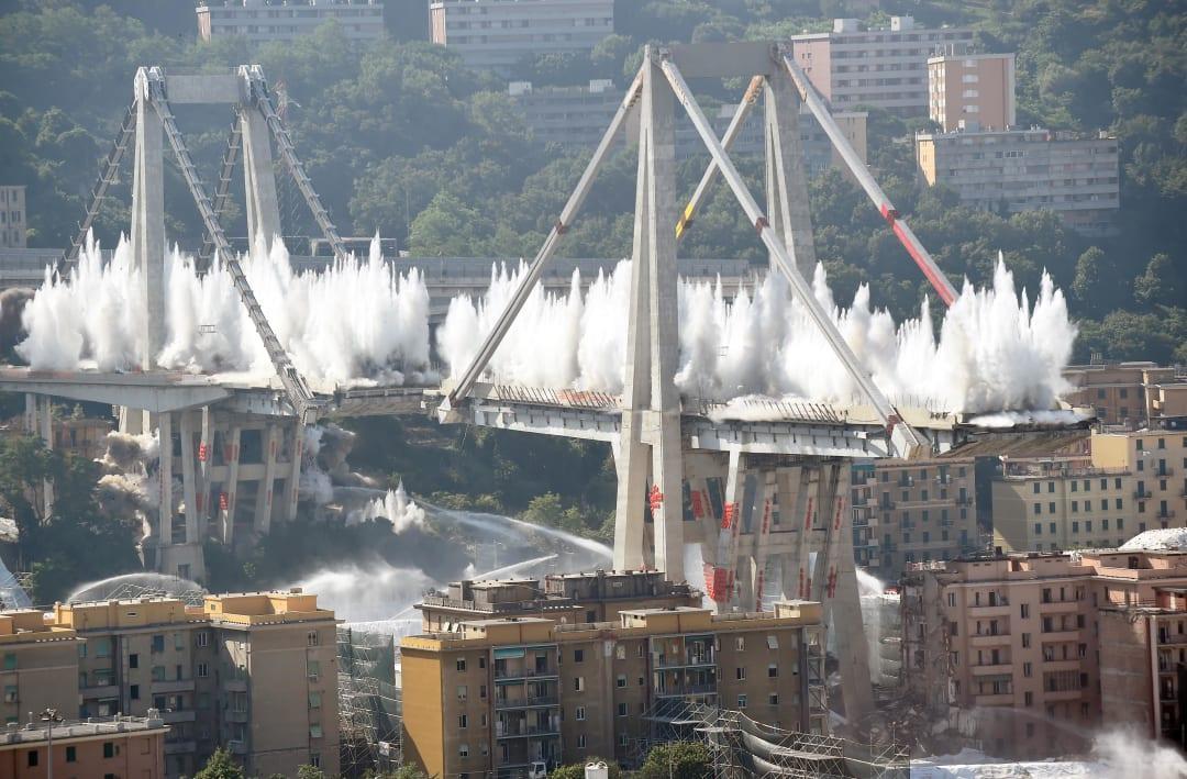 controlled explosion demolishes remains  collapsed italy bridge